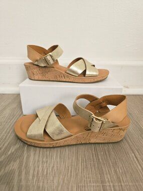 Kork Ease Myrna 2.0 Gold Metallic Wedge Sandals Shoes 6 Buckle Open Toe Strappy